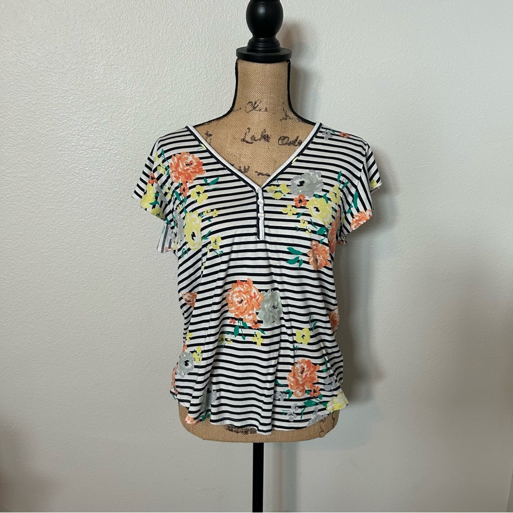 LOFT Black and White Striped Top with Floral Accents